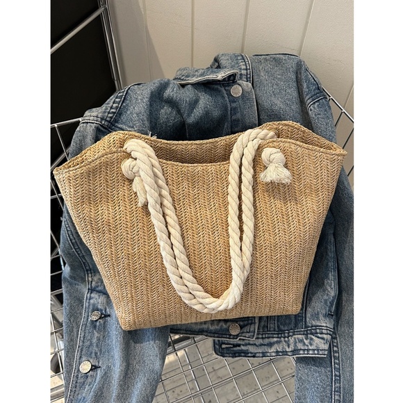 Medium Tote Straw Bag Khaki Beige Lined Rope Handles Beach Summer - Picture 5 of 8